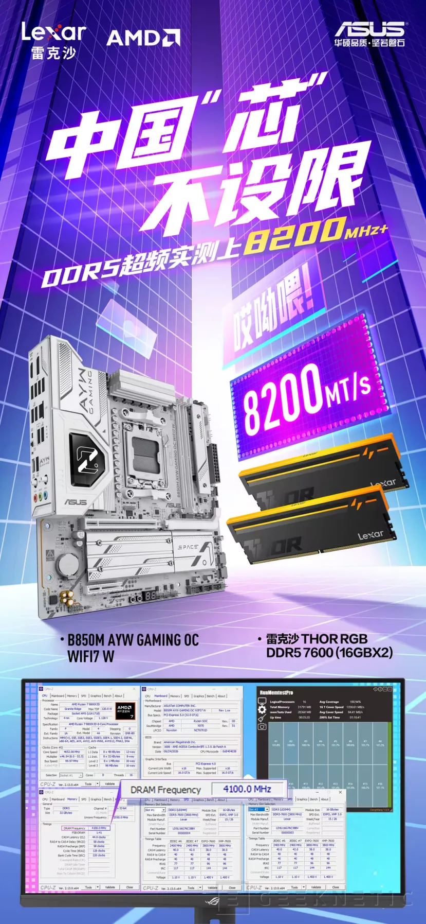 Geeknetic ASUS achieves speeds of 8,400 MT/s with DDR5 memory with CXMT chips on a ROG B850M 2 motherboard