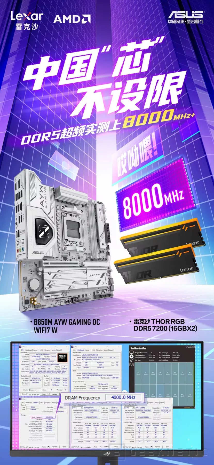 Geeknetic ASUS achieves speeds of 8,400 MT/s with DDR5 memory with CXMT chips on a ROG B850M 3 motherboard