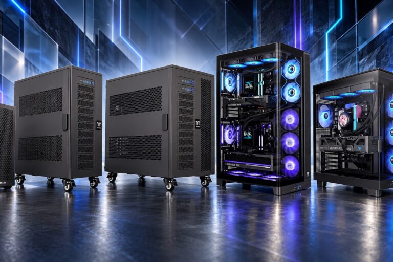 Thermaltake presents five PCs for AI and gaming: up to two systems and six GPUs in one tower